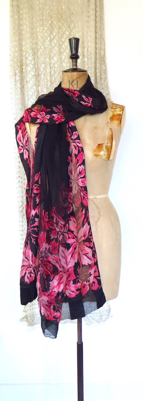 Vintage 1920s 1930s Black Silk Chiffon Pink Flora… - image 2