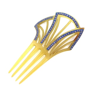 Antique 1920s Deco Blue Rhinestone Faux Tortoise Celluloid Hair Pin Comb