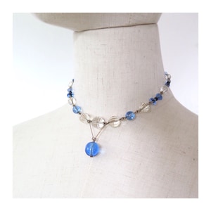 Vintage 1920s 1930s Deco Blue Clear Faceted Glass Pendant Czech Beads Chain Link Costume Dress Necklace
