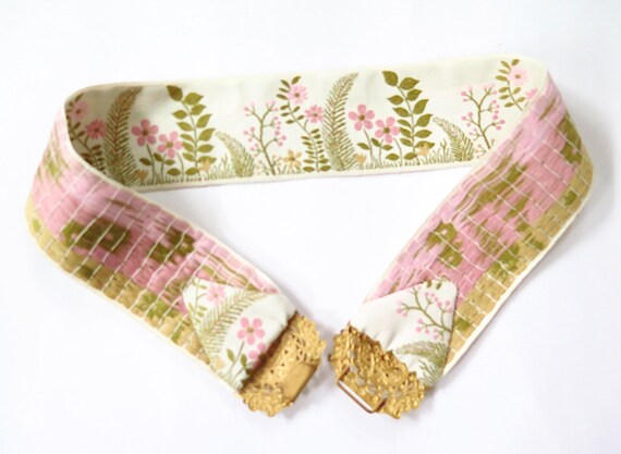 Vintage Woven Pink Cream Green Floral Ribbon Gold… - image 3