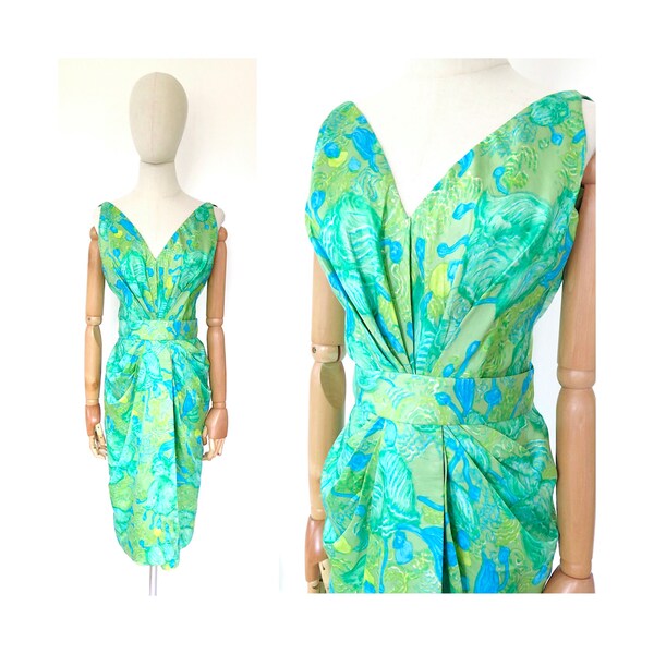 Vintage 1950s 1960s Ceil Chapman For Jane Bennett Green Floral Silk Sleeveless Cocktail Dress