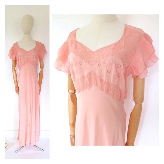 Vintage 1930s French Deco Pink Silk Floral Embroi… - image 1