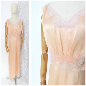Antique Vintage 1920s 1930s Deco Pink Peach Silk Floral Lace Tie Back Waist Lingerie Slip Dress