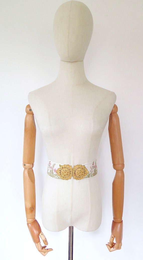 Vintage Woven Pink Cream Green Floral Ribbon Gold… - image 2