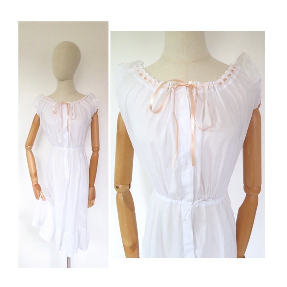 Antique Edwardian 1910s Deco White Cotton Peach Ribbon Embroidered Slip Lawn Dress Lingerie