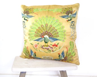Vintage 1960s 1970s Yellow Silk Peacock Chinese Japanese Hand Embroidered Decorative Pillow Cushion