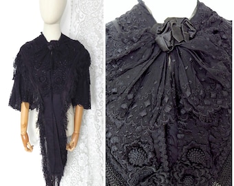 Antique Victorian 1850s 1800s G H Lee & Co Liverpool Black Satin Dotted Lace Ruffled Fringed Sleeves Embroidered Mourning Cape Jacket