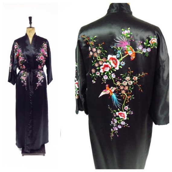 Original Vintage 1980s Black Satin Floral Embroide