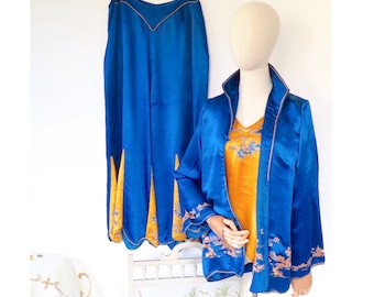 RARE Original Vintage 1920s Deco 3 Piece Yellow Orange Blue Silk Embroidered Jacket Blouse Trousers Set