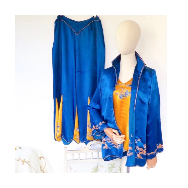 RARE Original Vintage 1920s Deco 3 Piece Yellow Orange Blue Silk Embroidered Jacket Blouse Trousers Set