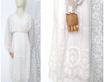 Antique 1910s Edwardian White Cotton Cut Work Lace Floral Embroidered Lawn Dress