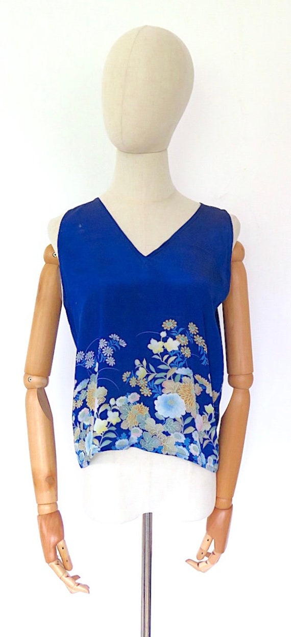 Vintage 1920s 1930s Deco Blue Floral Sleeveless L… - image 3