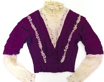 Antique Victorian 1800s 1900s ca 1880s Purple Lilac Silk Embroidered Floral Cream Lace High Neck Ribbon Bodice Jacket