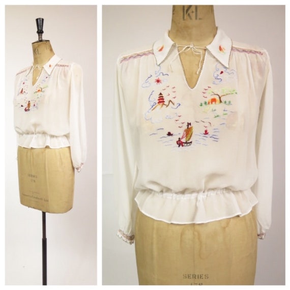 Original Vintage 1930-40s Hand Embroidered Sheer H