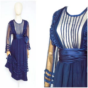 Antique 1910s 1915s Edwardian Sheer Navy Blue Mid Length Boat Collar Tie Waist Lawn Dress Gown
