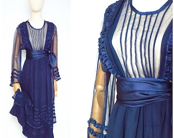 Antique 1910s 1915s Edwardian Sheer Navy Blue Mid Length Boat Collar Tie Waist Lawn Dress Gown
