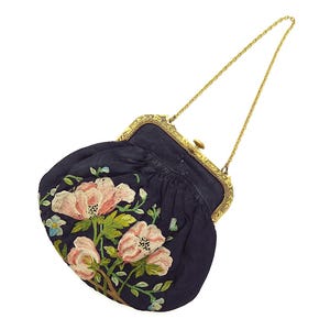 Antique Vintage 1930s Deco Black Floral Chain Stitch Embroidered Beaded Evening Purse Wristlet Handbag