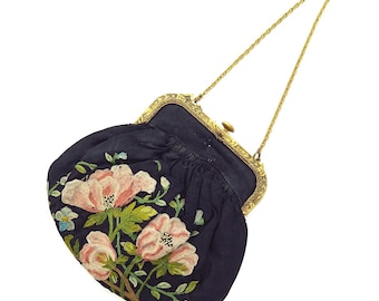 Sac à main vintage antique des années 1930 déco floral noir brodé de perles de chaînette de point de chaînette de sac à main de soirée
