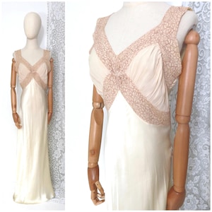 Antique Vintage 1920s 1930s 1940s Deco Pale Yellow Custard Cream Ecru Lace Chiffon Satin Lingerie Slip Dress