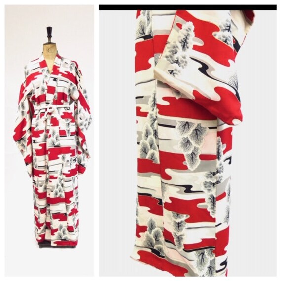Original Vintage 1950s Red Pine Print Silk Crepe K