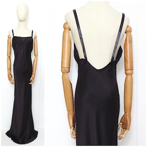 Antique Vintage 1930s Deco Black Cut On The Bias Silk Lingerie Slip Maxi Dress