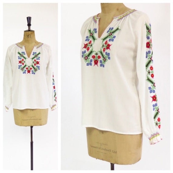 Original Vintage 1970s Hungarian White Hand Embroi