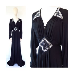 Vintage Designer Ossie Clark ca 1979s 1980s Black Beaded Sequin Detailed Batwing Sleeve Train Mermaid Skirt Maxi Evening Dress