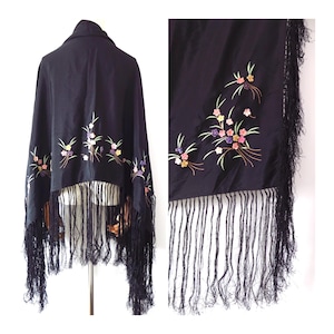 Vintage 1930s 1940s Deco Black Pastel Raised Felt Flower Applique Floral Satin Fringed Rectangular Piano Shawl Wrap