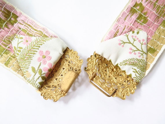 Vintage Woven Pink Cream Green Floral Ribbon Gold… - image 6