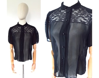 Vintage 1930s 1940s Sheer Black Chiffon Lace Short Sleeve Blouse