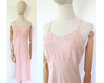 Vintage 1930s 1940s French Deco Pink Silk Floral Embroidered Slip Dress Lingerie