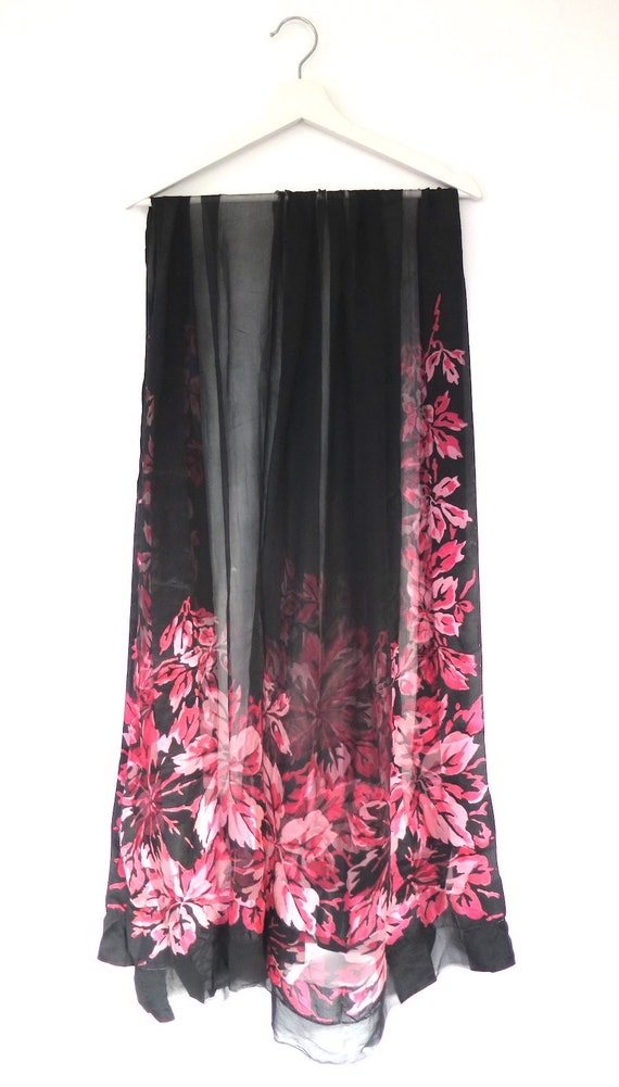 Vintage 1920s 1930s Black Silk Chiffon Pink Flora… - image 3