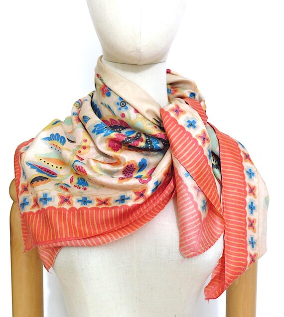 Antique 1920s Pongee Shantung Raw Silk Deco Orange Blue Red Floral