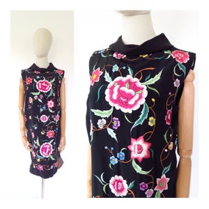 Vintage 1920s 1960s Reworked From Embroidered Piano Shawl Pink Floral Black Shift Dress
