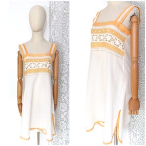 Antique 1910s 1920s French White Cotton Mustard Yellow Embroidered Lace Romper Playsuit Step In Cami Knickers Lingerie