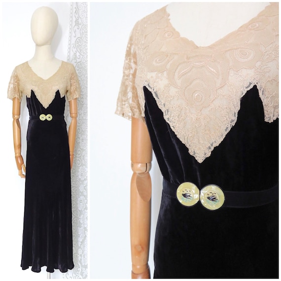 Antique Deco 1930s Vintage Black Silk Velvet Ecru Lace With Swallows Birds  Celluloid Belt Evening Dress Maxi Gown - Etsy