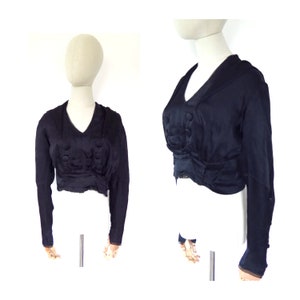 Antique 1900s 1910s Edwardian Victorian Black Silk Satin Top Bodice Blouse Cropped Jacket