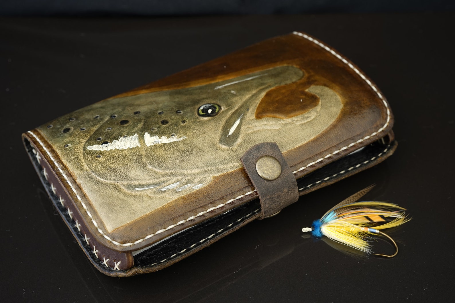 Leather fly wallet. Fly fishing. SALMON MALE design. Handmade Etsy