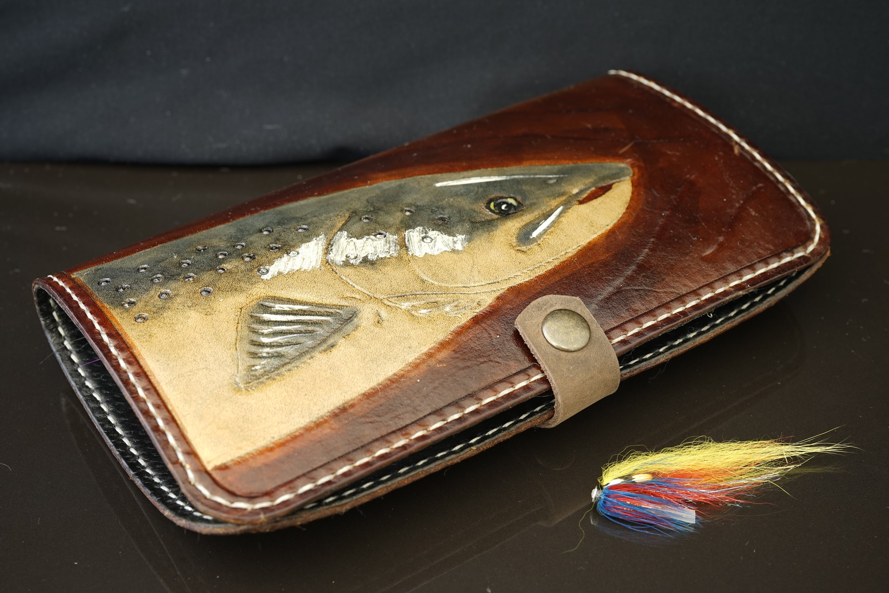 Leather tube fly wallet. Fly fishing. SALMON FEMALE design. Etsy