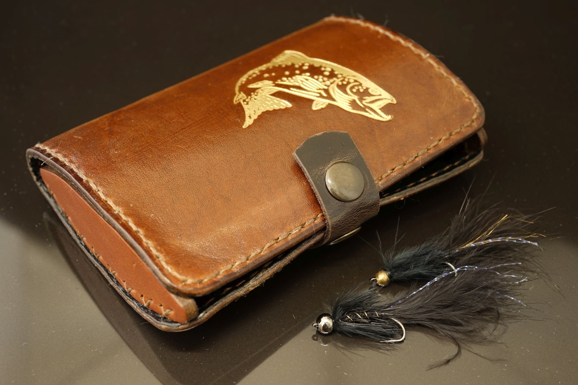 Buy Leather Handmade Fly Wallet. Brown Leather & Trout/steelhead in Gold.  Compact Online in India 