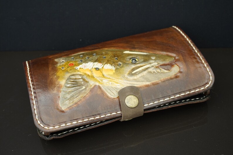 Leather Fly Wallet. Fly Fishing. Trout Design. Handmade Etsy