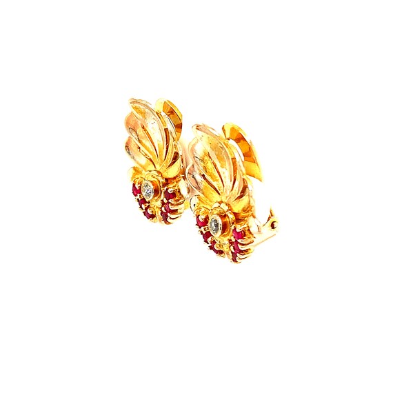 18KT Yellow Gold French Clip Ruby and Diamond Ear… - image 6