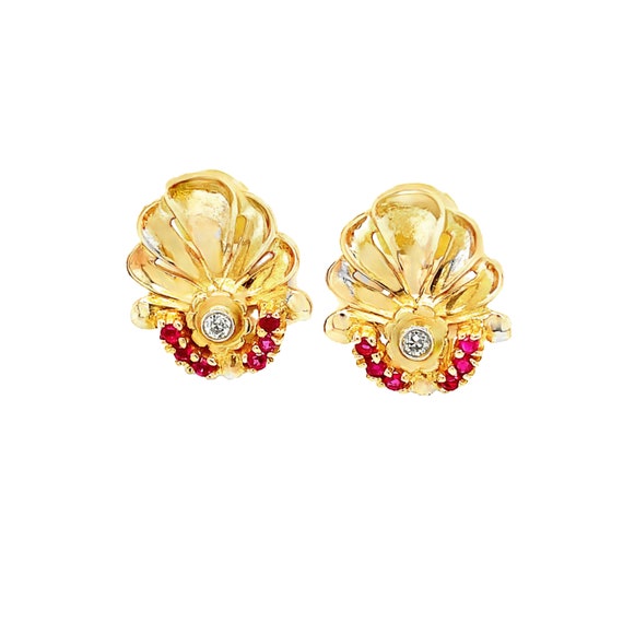 18KT Yellow Gold French Clip Ruby and Diamond Ear… - image 1