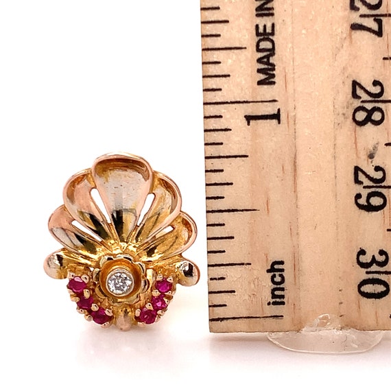 18KT Yellow Gold French Clip Ruby and Diamond Ear… - image 2