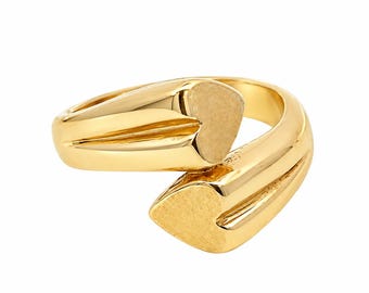 Vintage 14K Yellow Gold Double Heart Lover’s Ring – Florentine Finish – Personalized Initial Engraving – Solid Gold Love Ring