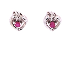 14KT  Solid White Gold Heart Earrings with Genuine Ruby and Diamonds