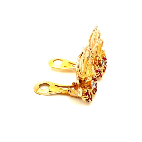 18KT Yellow Gold French Clip Ruby and Diamond Ear… - image 5