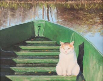 Tempo di pesce - olio su tela di un gatto in una barca da pesca su una soleggiata giornata autunnale, 60 x 40 cm / 23.6" x 15.7"
