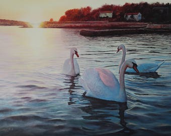 Cigni Dancing - olio su tela di 3 cigni su un lago al tramonto, 70 x 100 cm / 27,6" x 39.4" poliamorose coppia