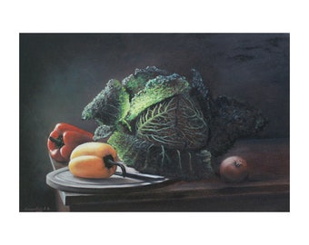 Stilleven met kool | Stilleven-olieverf op doek schilderij, 40 x 60 cm / 15.7" x 23.6" | natuur mort met kool, paprika en UI